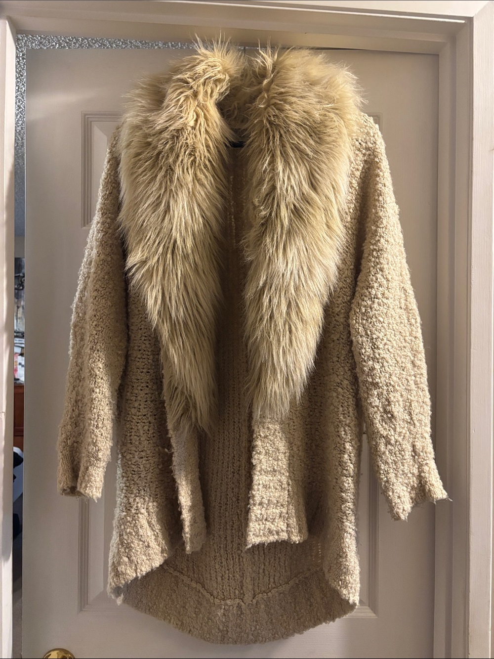 Guess Beige Bouclé Cardigan with Faux-Fur Collar